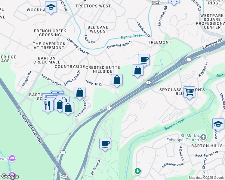 map of restaurants, bars, coffee shops, grocery stores, and more near 1938 Holly Hill Drive in Austin
