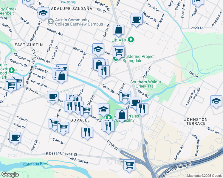 map of restaurants, bars, coffee shops, grocery stores, and more near 4806 Lyons Road in Austin