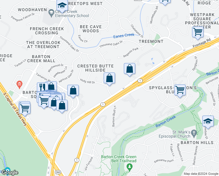 map of restaurants, bars, coffee shops, grocery stores, and more near 1901 Capital Parkway in Austin