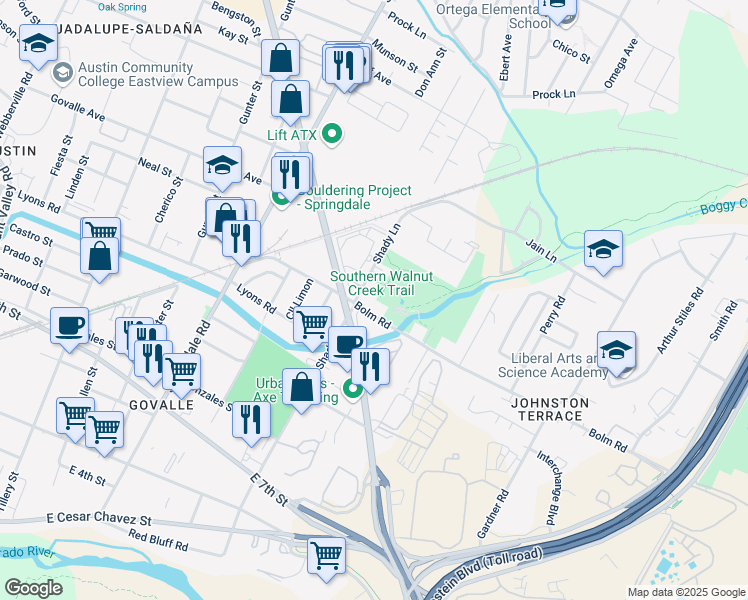 map of restaurants, bars, coffee shops, grocery stores, and more near 1001 Shady Lane in Austin