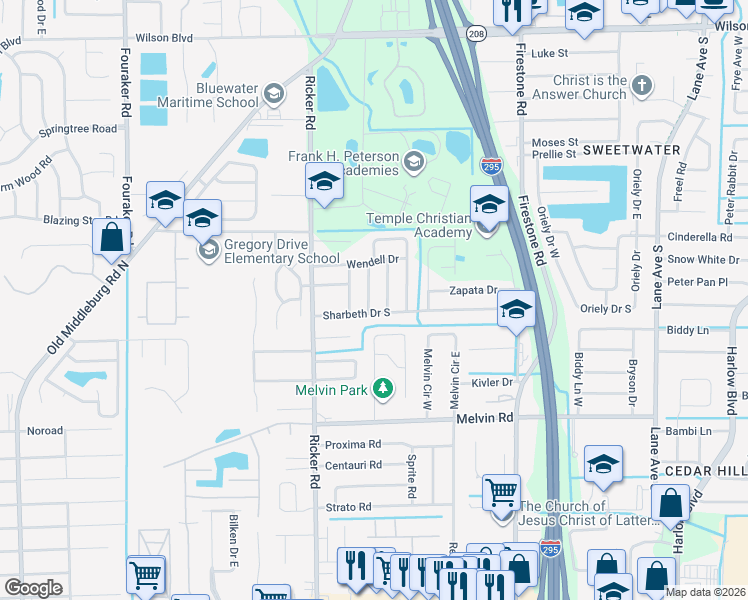 map of restaurants, bars, coffee shops, grocery stores, and more near 7513 Sharbeth Drive South in Jacksonville