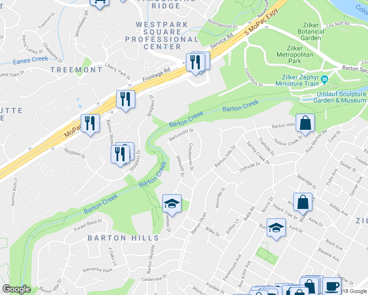 map of restaurants, bars, coffee shops, grocery stores, and more near 1707 Graywood Cove in Austin