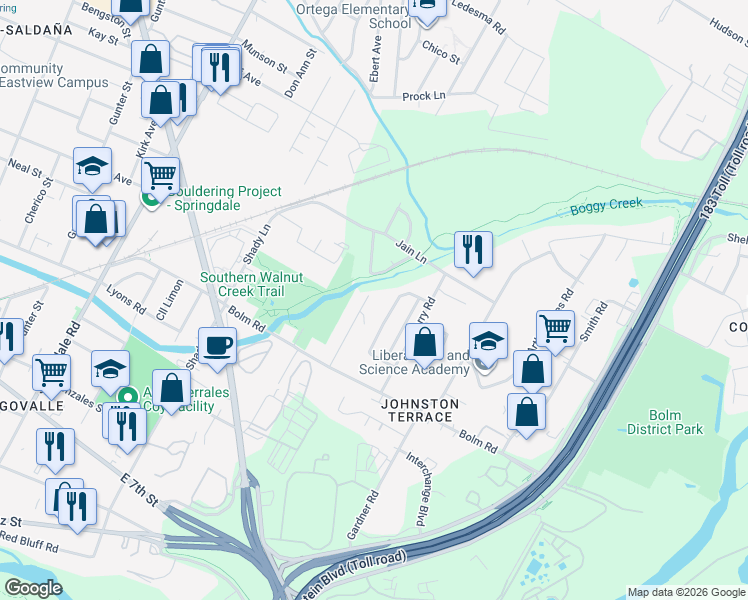 map of restaurants, bars, coffee shops, grocery stores, and more near 1123 Walton Lane in Austin