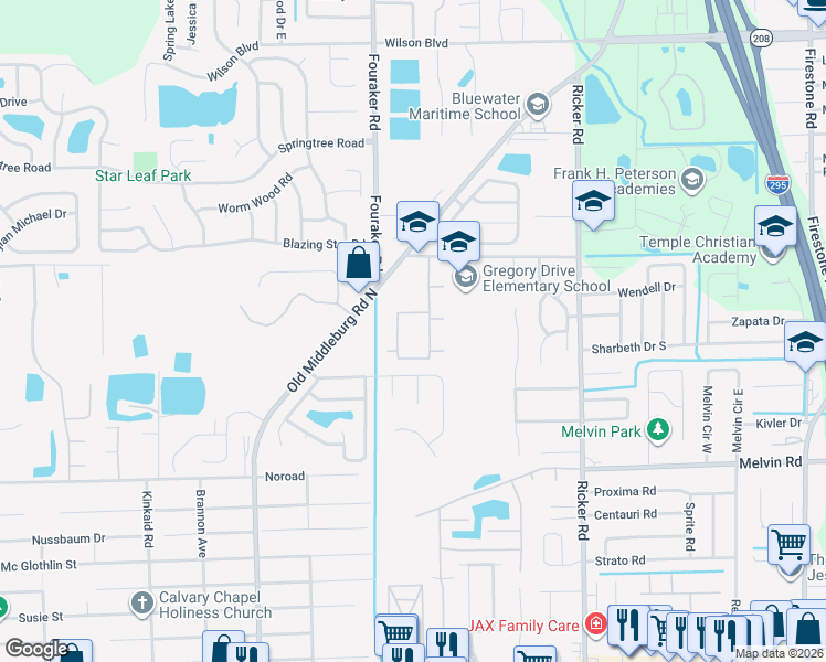map of restaurants, bars, coffee shops, grocery stores, and more near 7844 Gregory Drive in Jacksonville
