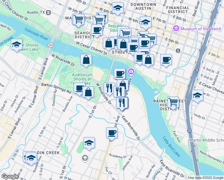 map of restaurants, bars, coffee shops, grocery stores, and more near 214 Barton Springs Road in Austin