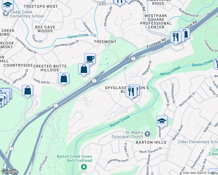 map of restaurants, bars, coffee shops, grocery stores, and more near 1601 South MoPac Expressway in Austin