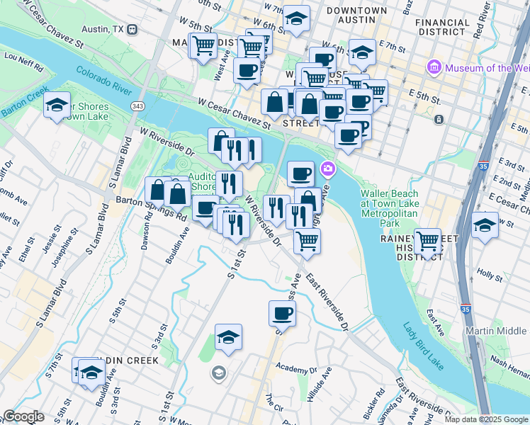 map of restaurants, bars, coffee shops, grocery stores, and more near 422 West Riverside Drive in Austin
