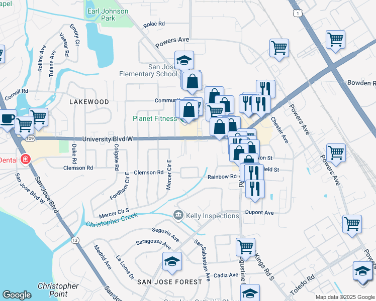 map of restaurants, bars, coffee shops, grocery stores, and more near 2767 Rainbow Circle West in Jacksonville