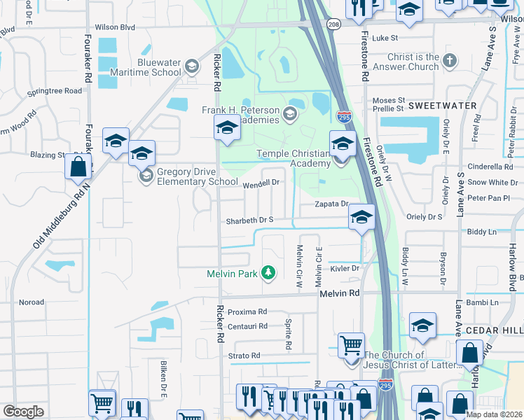map of restaurants, bars, coffee shops, grocery stores, and more near 7513 Sharbeth Drive South in Jacksonville