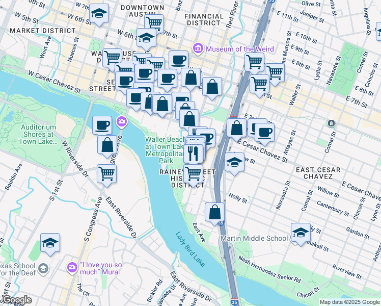 map of restaurants, bars, coffee shops, grocery stores, and more near 80 1/2 Red River Street in Austin