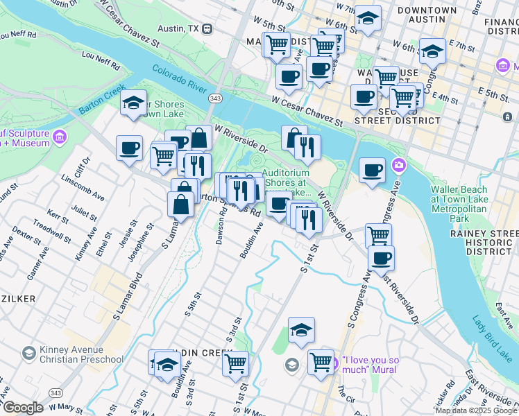 map of restaurants, bars, coffee shops, grocery stores, and more near in Austin