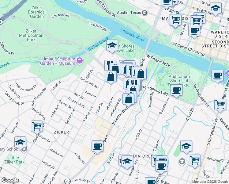 map of restaurants, bars, coffee shops, grocery stores, and more near 609 Jessie Street in Austin