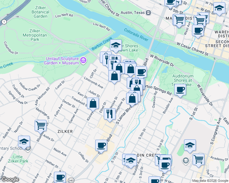 map of restaurants, bars, coffee shops, grocery stores, and more near 701 Kinney Avenue in Austin