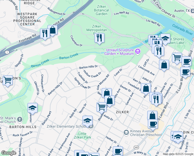 map of restaurants, bars, coffee shops, grocery stores, and more near 2203 Trailside Drive in Austin