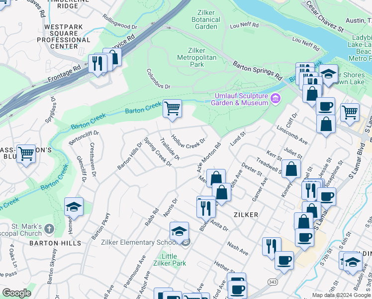 map of restaurants, bars, coffee shops, grocery stores, and more near 2302 Trailside Drive in Austin