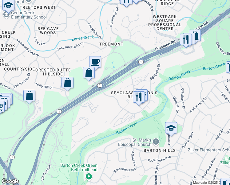 map of restaurants, bars, coffee shops, grocery stores, and more near in Austin
