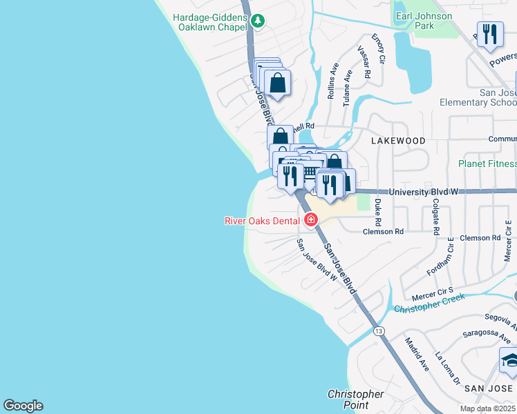 map of restaurants, bars, coffee shops, grocery stores, and more near 1348 Baylor Lane in Jacksonville