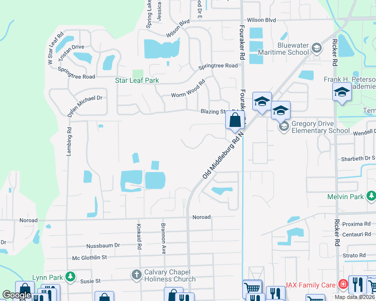 map of restaurants, bars, coffee shops, grocery stores, and more near 8176 Foxdale Drive in Jacksonville