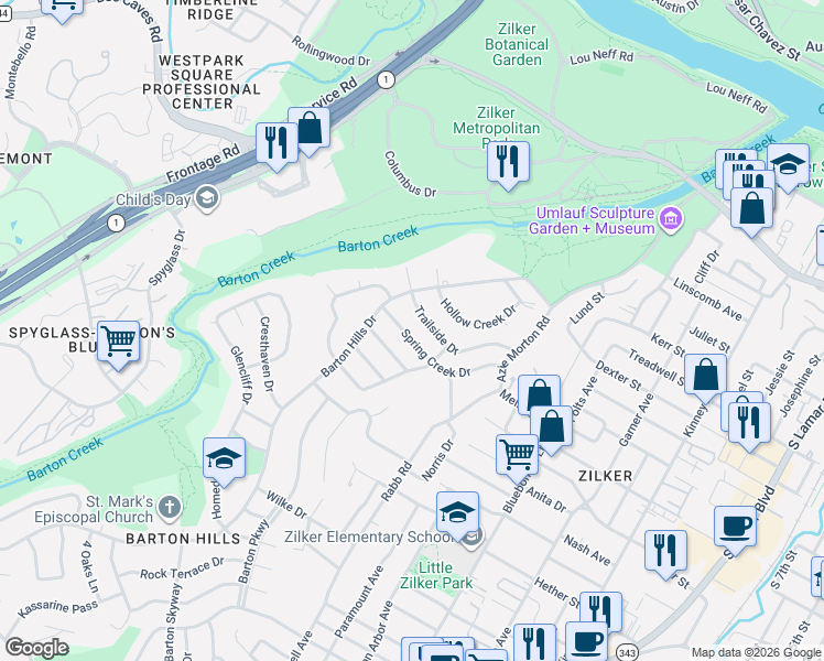 map of restaurants, bars, coffee shops, grocery stores, and more near 2410 Spring Creek Drive in Austin