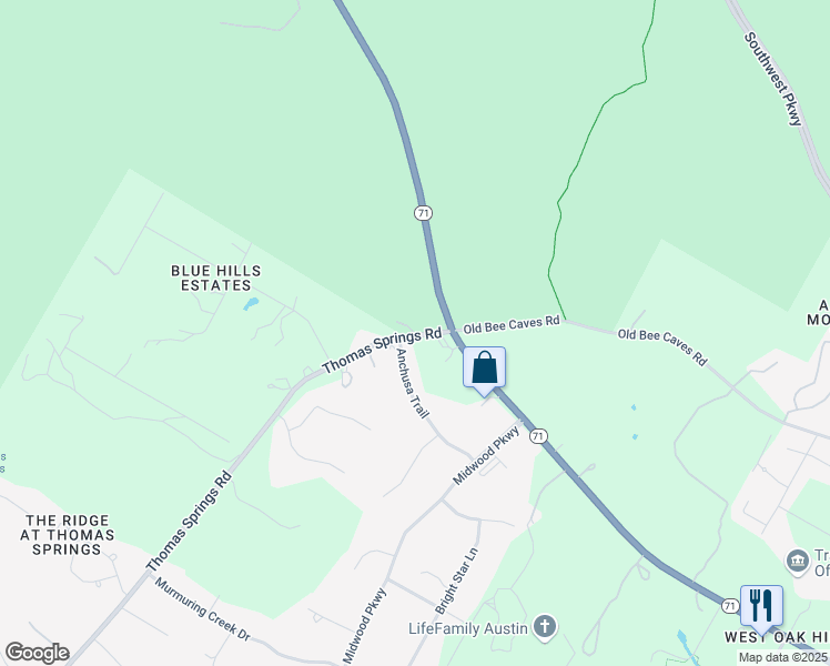 map of restaurants, bars, coffee shops, grocery stores, and more near 6316 Thomas Springs Road in Austin