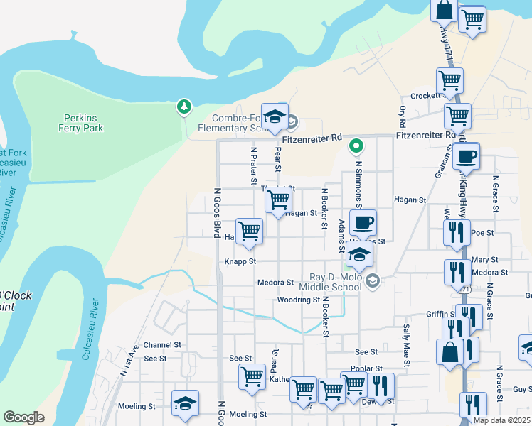 map of restaurants, bars, coffee shops, grocery stores, and more near Rena Street in Lake Charles