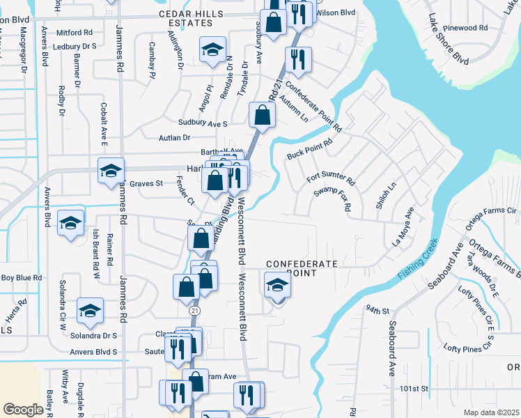 map of restaurants, bars, coffee shops, grocery stores, and more near 4513 Wesconnett Boulevard in Jacksonville