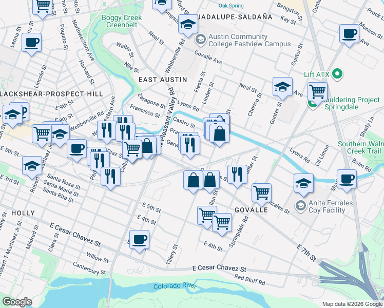 map of restaurants, bars, coffee shops, grocery stores, and more near 3019 Garwood Street in Austin