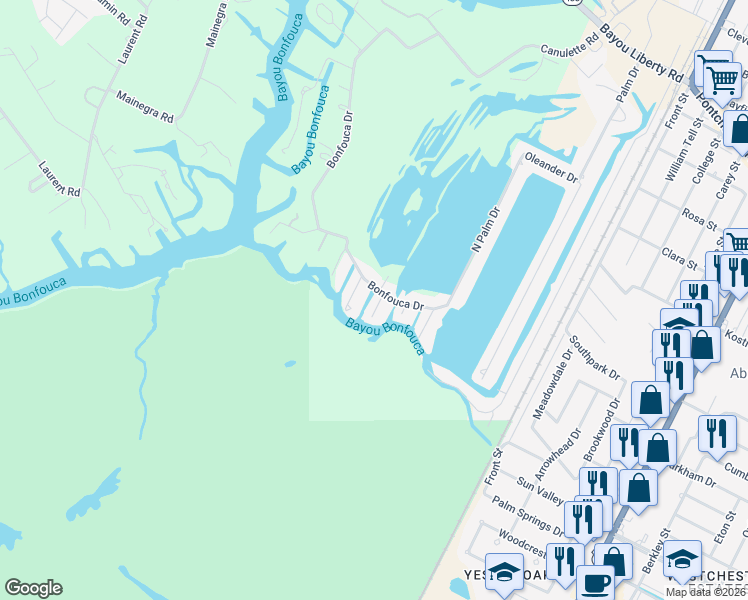map of restaurants, bars, coffee shops, grocery stores, and more near 3117 Bayou View Drive in Slidell