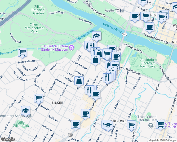 map of restaurants, bars, coffee shops, grocery stores, and more near 701 Kinney Avenue in Austin