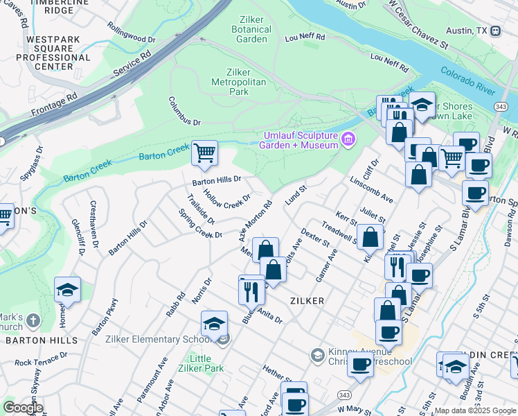 map of restaurants, bars, coffee shops, grocery stores, and more near 1121 Azie Morton Road in Austin