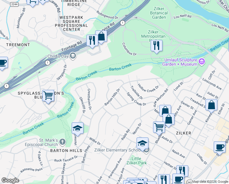 map of restaurants, bars, coffee shops, grocery stores, and more near 1600 Barton Hills Drive in Austin
