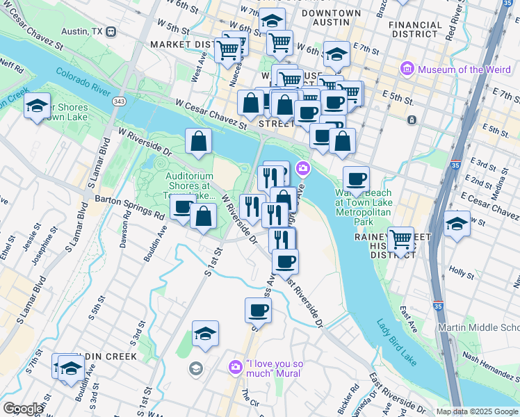 map of restaurants, bars, coffee shops, grocery stores, and more near 220 Barton Springs Road in Austin