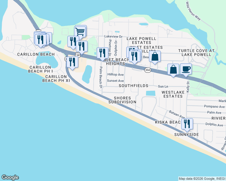 map of restaurants, bars, coffee shops, grocery stores, and more near 55 Gulfview Drive in Panama City Beach