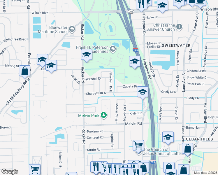 map of restaurants, bars, coffee shops, grocery stores, and more near 4258 Sharbeth Drive East in Jacksonville
