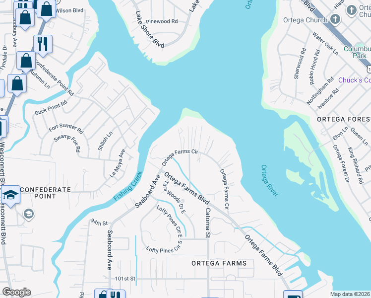 map of restaurants, bars, coffee shops, grocery stores, and more near 4324 Ortega Farms Circle in Jacksonville