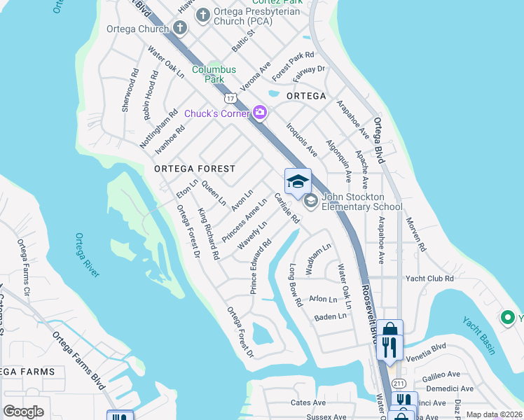 map of restaurants, bars, coffee shops, grocery stores, and more near 4725 Waverly Lane in Jacksonville