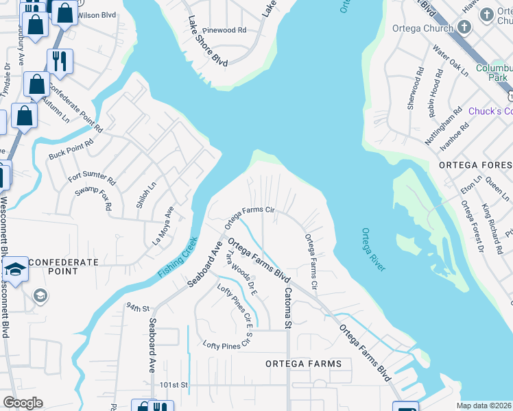 map of restaurants, bars, coffee shops, grocery stores, and more near 4324 Ortega Farms Circle in Jacksonville