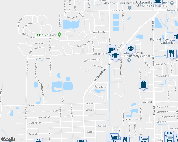map of restaurants, bars, coffee shops, grocery stores, and more near 8150 Foxdale Drive in Jacksonville