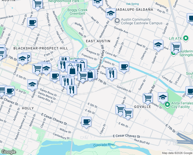 map of restaurants, bars, coffee shops, grocery stores, and more near in Austin