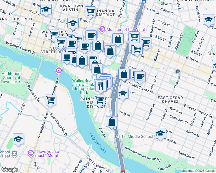map of restaurants, bars, coffee shops, grocery stores, and more near 85 1/2 Rainey Street in Austin