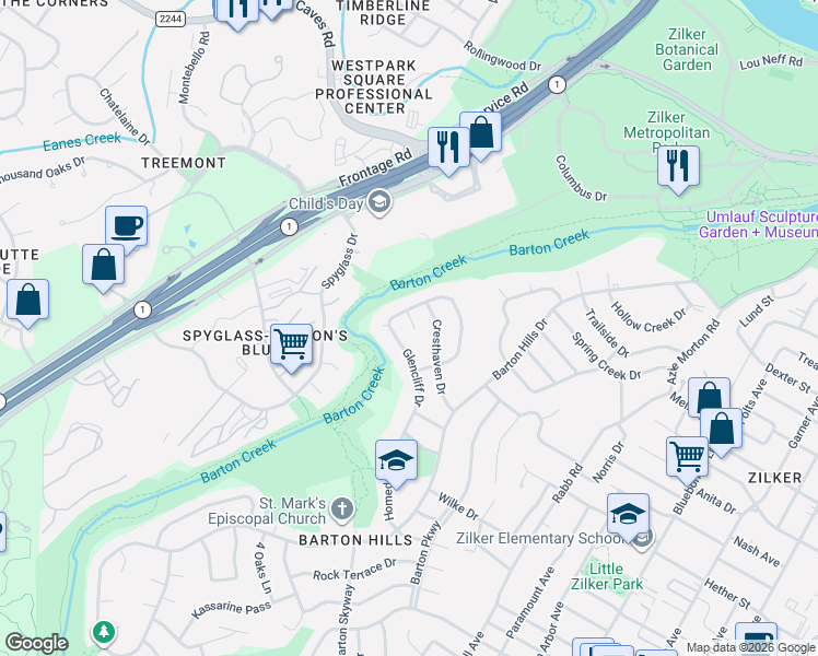 map of restaurants, bars, coffee shops, grocery stores, and more near 1800 Glencliff Drive in Austin