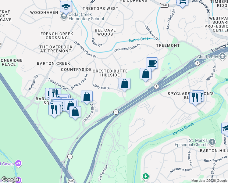 map of restaurants, bars, coffee shops, grocery stores, and more near 1930 Holly Hill Drive in Austin