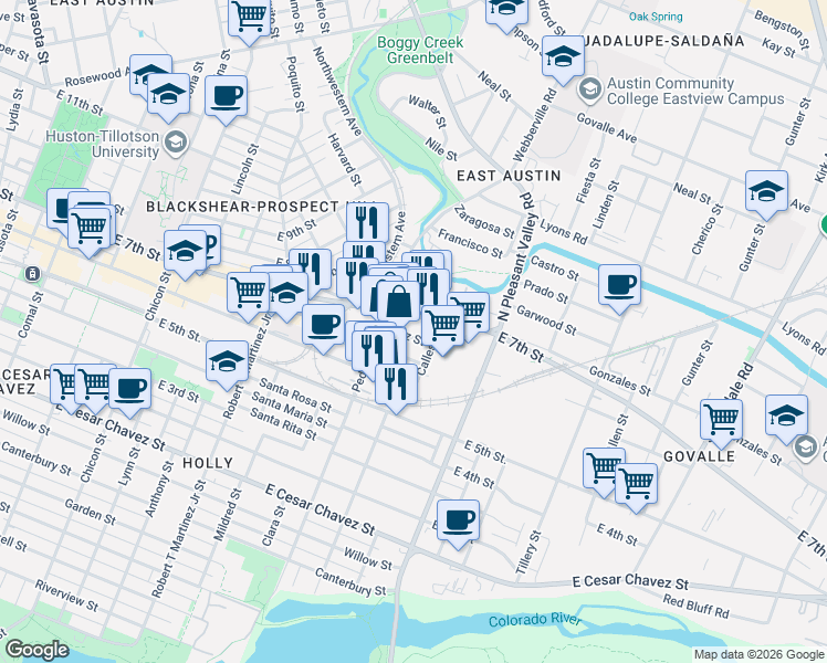 map of restaurants, bars, coffee shops, grocery stores, and more near 2602 Diaz Street in Austin