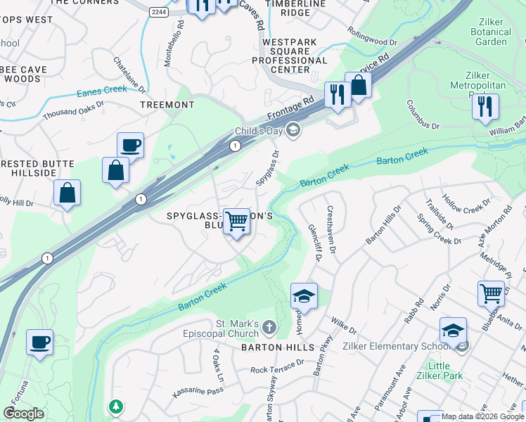 map of restaurants, bars, coffee shops, grocery stores, and more near 1407 Spyglass Drive in Austin