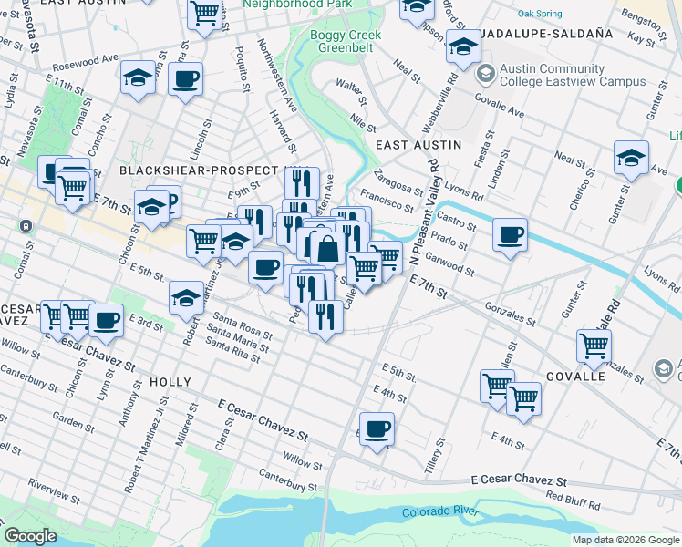 map of restaurants, bars, coffee shops, grocery stores, and more near 2602 Diaz Street in Austin