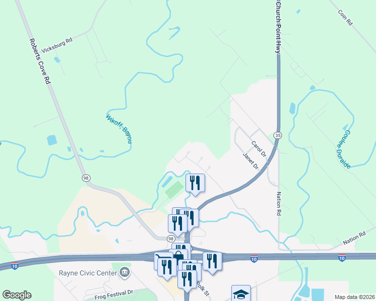 map of restaurants, bars, coffee shops, grocery stores, and more near 108 Greenwood Street in Rayne