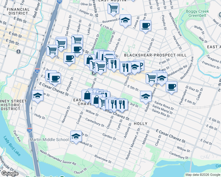 map of restaurants, bars, coffee shops, grocery stores, and more near 1707 East 4th Street in Austin