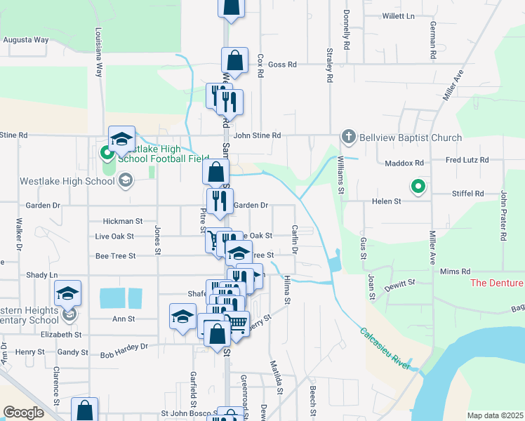 map of restaurants, bars, coffee shops, grocery stores, and more near 2204 Loftin Street in Westlake