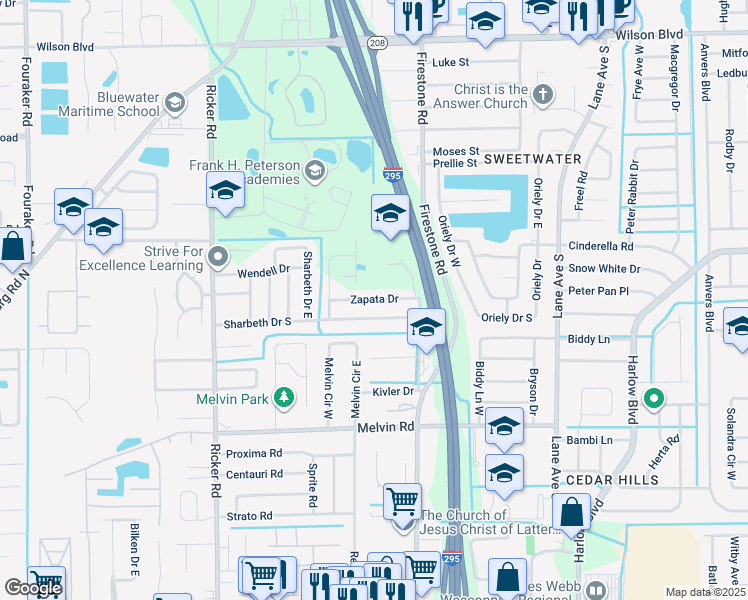 map of restaurants, bars, coffee shops, grocery stores, and more near Zapata Drive in Jacksonville