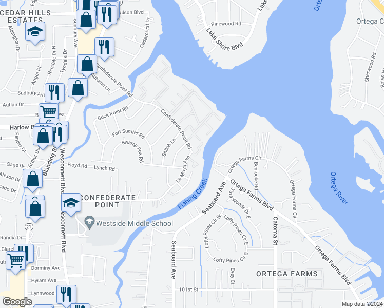 map of restaurants, bars, coffee shops, grocery stores, and more near 4455 Confederate Point Road in Jacksonville
